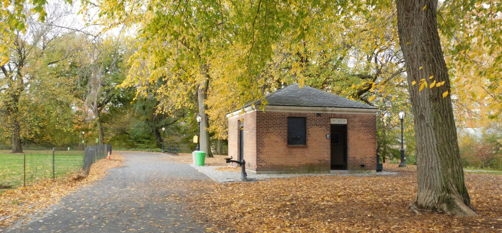 Great Hill Public Restroom, fall leaves in foreground