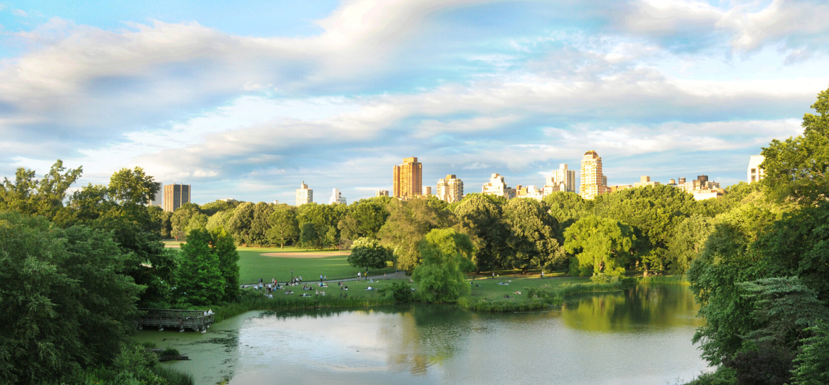 Tall buildings against a cloudy sky with the lake in the foreground