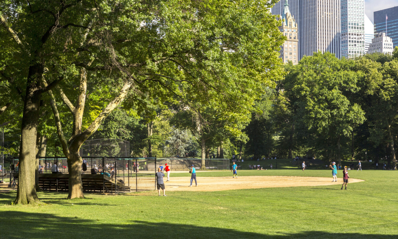 Ballplayers waiting for the pitch under a lush canopy of green leaves.