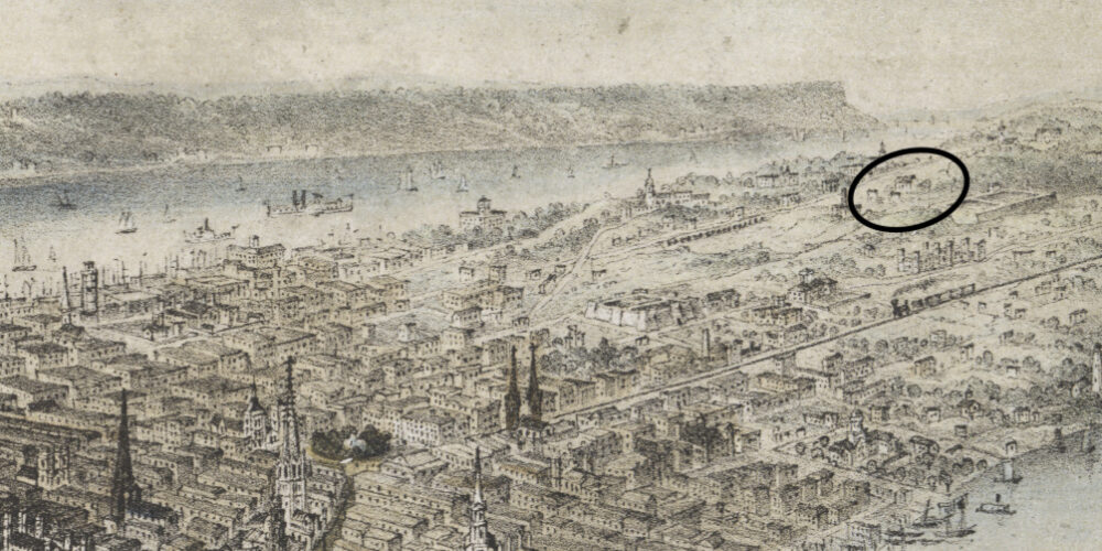 An aerial depiction of 1851 New York, with the location of Seneca Village circled