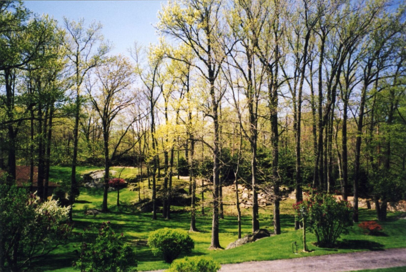 A well-tended landscape of lawn, outcroppings, and trees