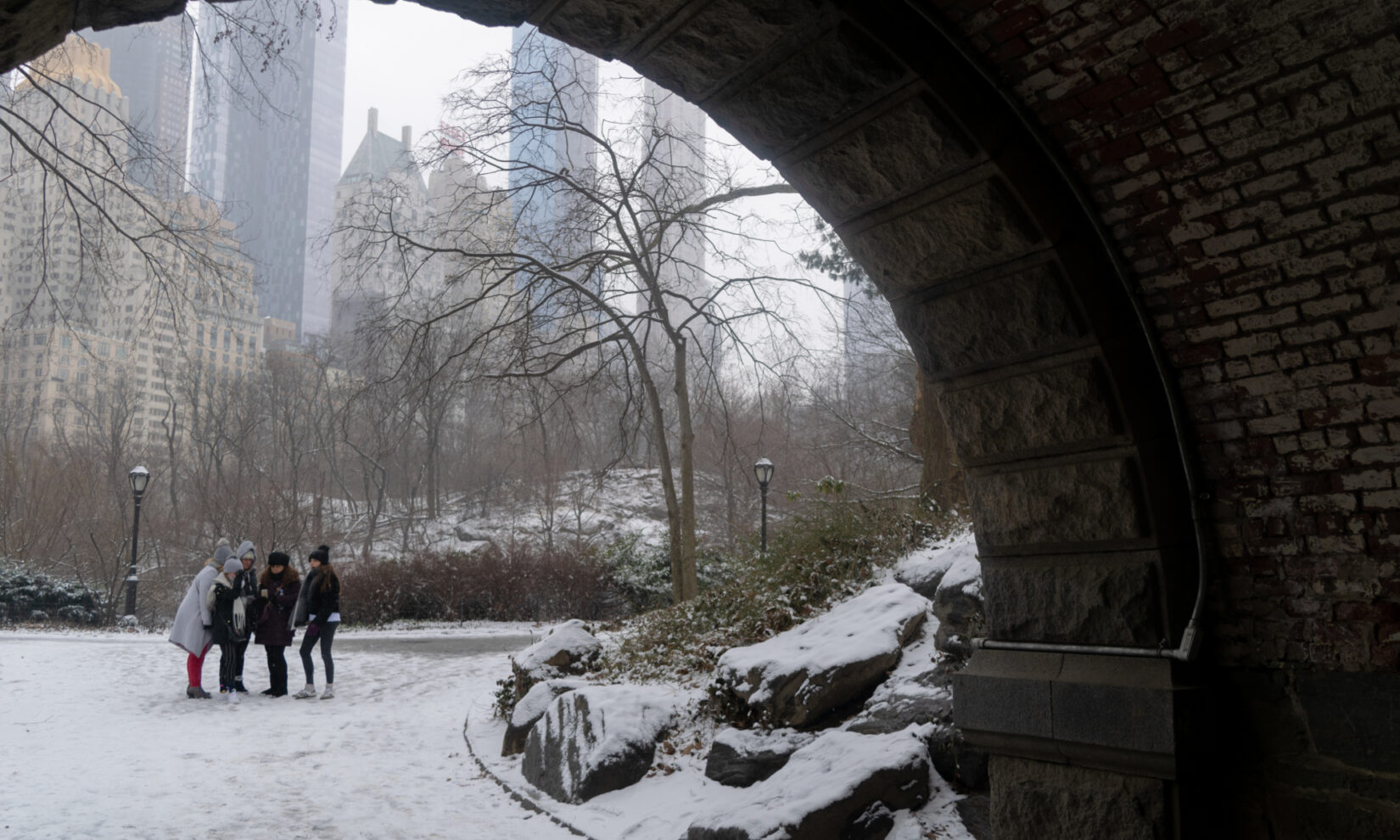 A cluster of parkgoers seen through the Inscope Arch in winter