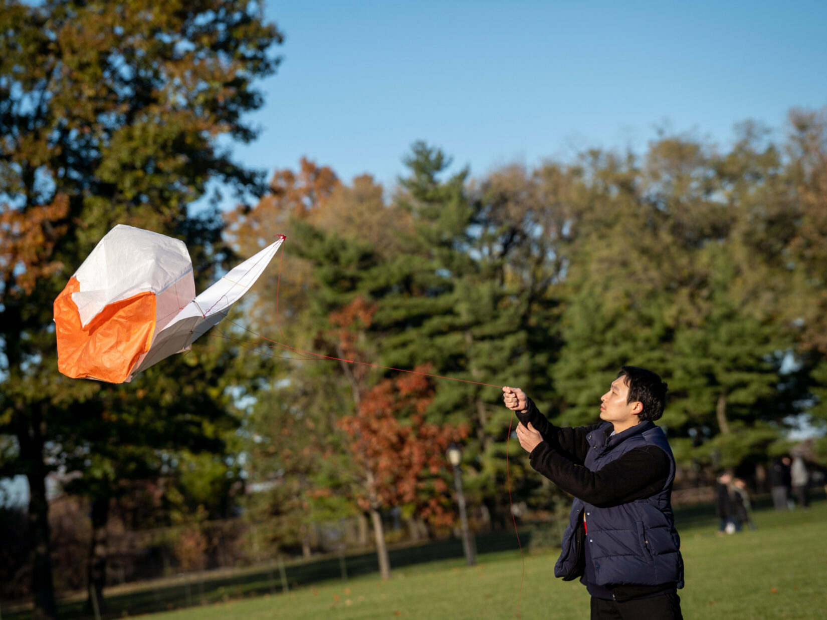 A visitor cajoles his kite into the wind on an autumnal day in the Park