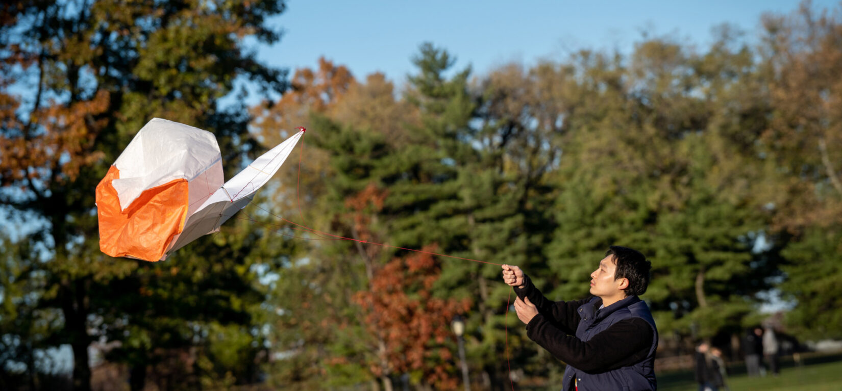 A visitor cajoles his kite into the wind on an autumnal day in the Park