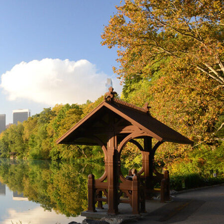 The landing reflected in the Lake on a bright Autumn day