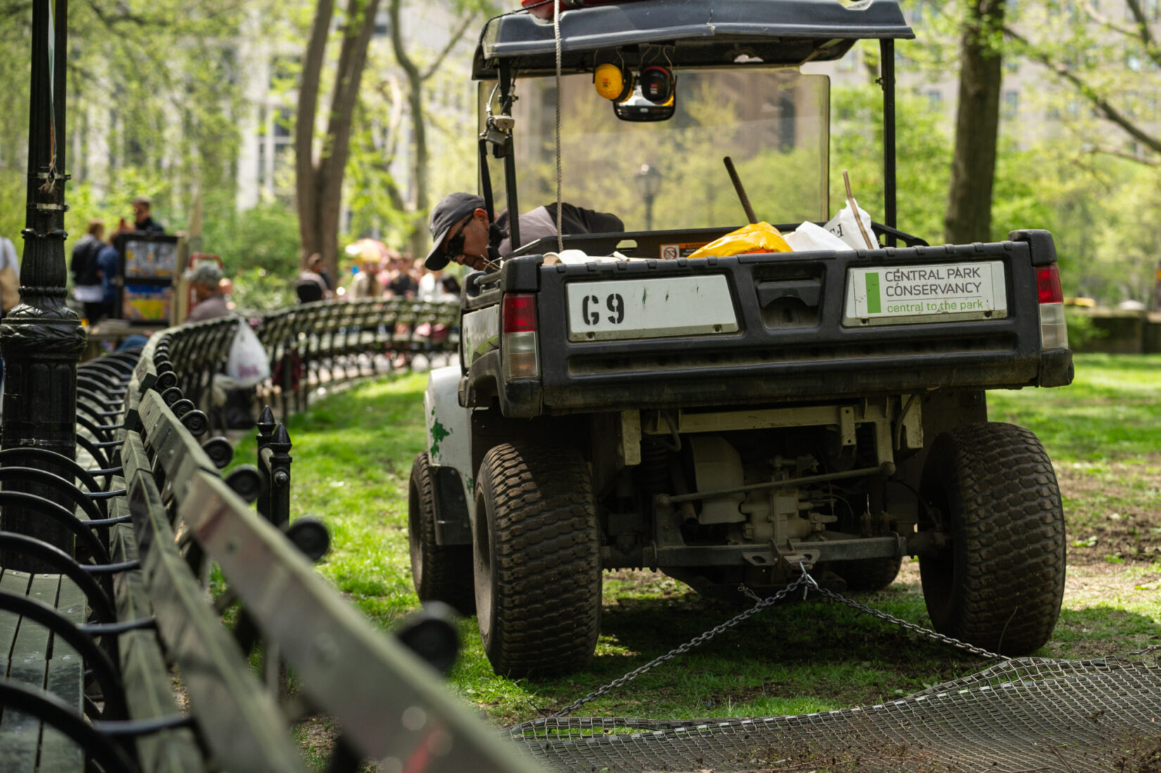 A Conservancy staff member peers out of an electric utility vehicle at a curving row of park benches.