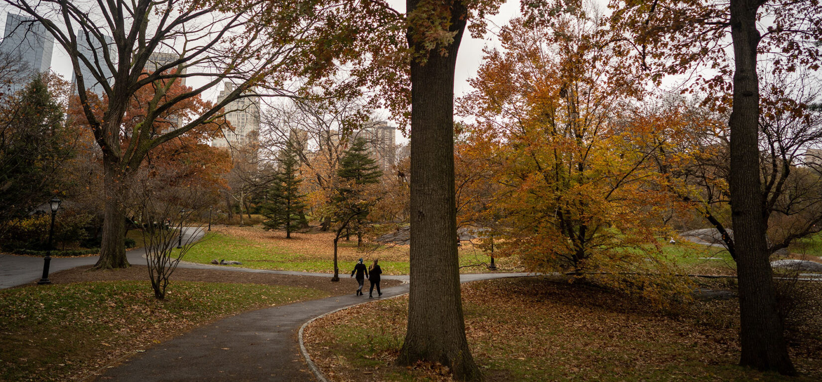 A couple walk the footpath in late Autumn on the South End of the Park