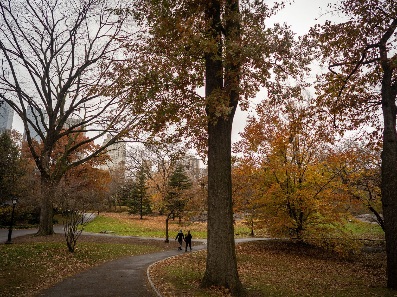 A couple walk the footpath in late Autumn on the South End of the Park