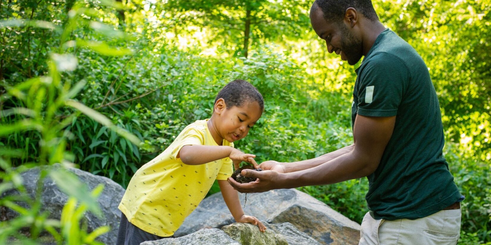 A child pets a turtle being held by a Conservancy guide