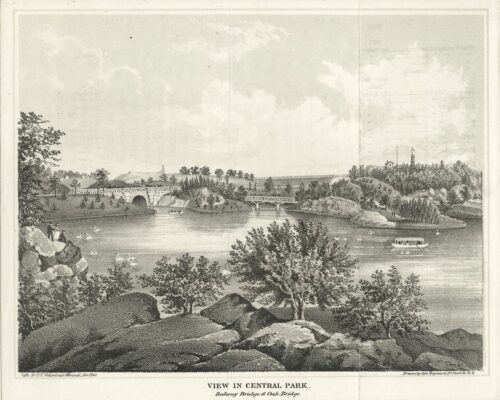 An antique engraving featuring early views of Oak Bridge and Balcony Bridge