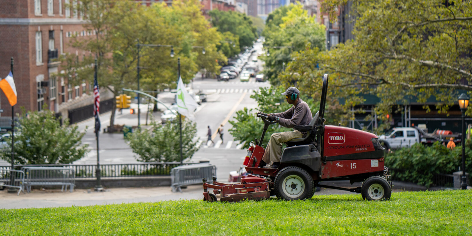 Conservancy groundskeeper on a riding mower