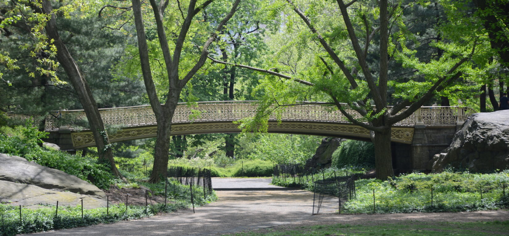 The Pinebank Arch spans a walking path, shot in spring