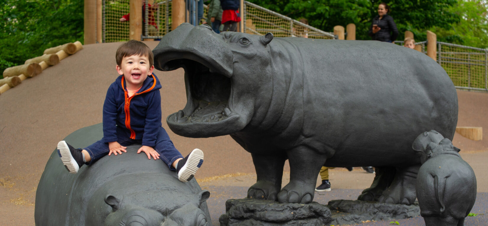 A child sits one of the hippos the populate the Safari Playground