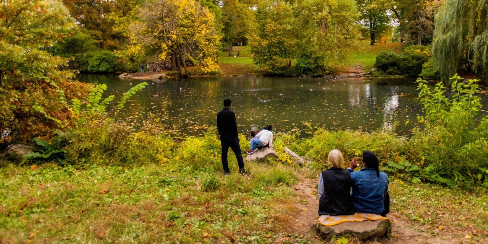 Park-goers take in the autumn scenery on the banks of the Pool.