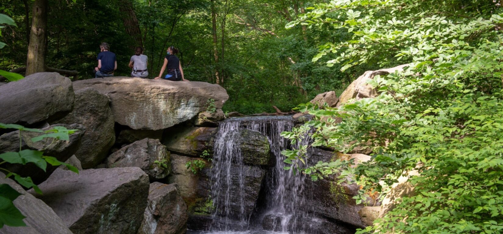 Three park-goers sit on a rock beside a waterfall overlooking the Ravine