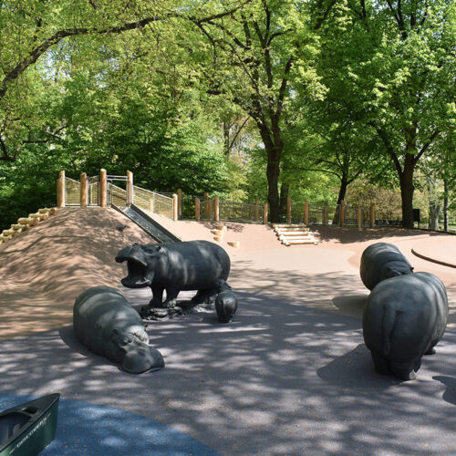 Three of the hippo statues in the playground