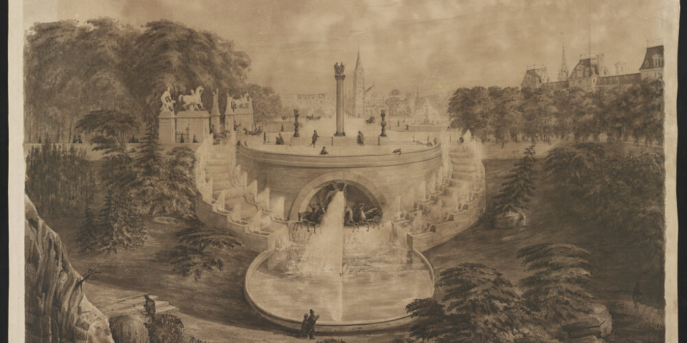 A drawing for a Park gate. In the center is a platform at street level with a statue on a column and equestrian statues. Waterfalls on either side descend to a pool surrounded by a lawn and trees.