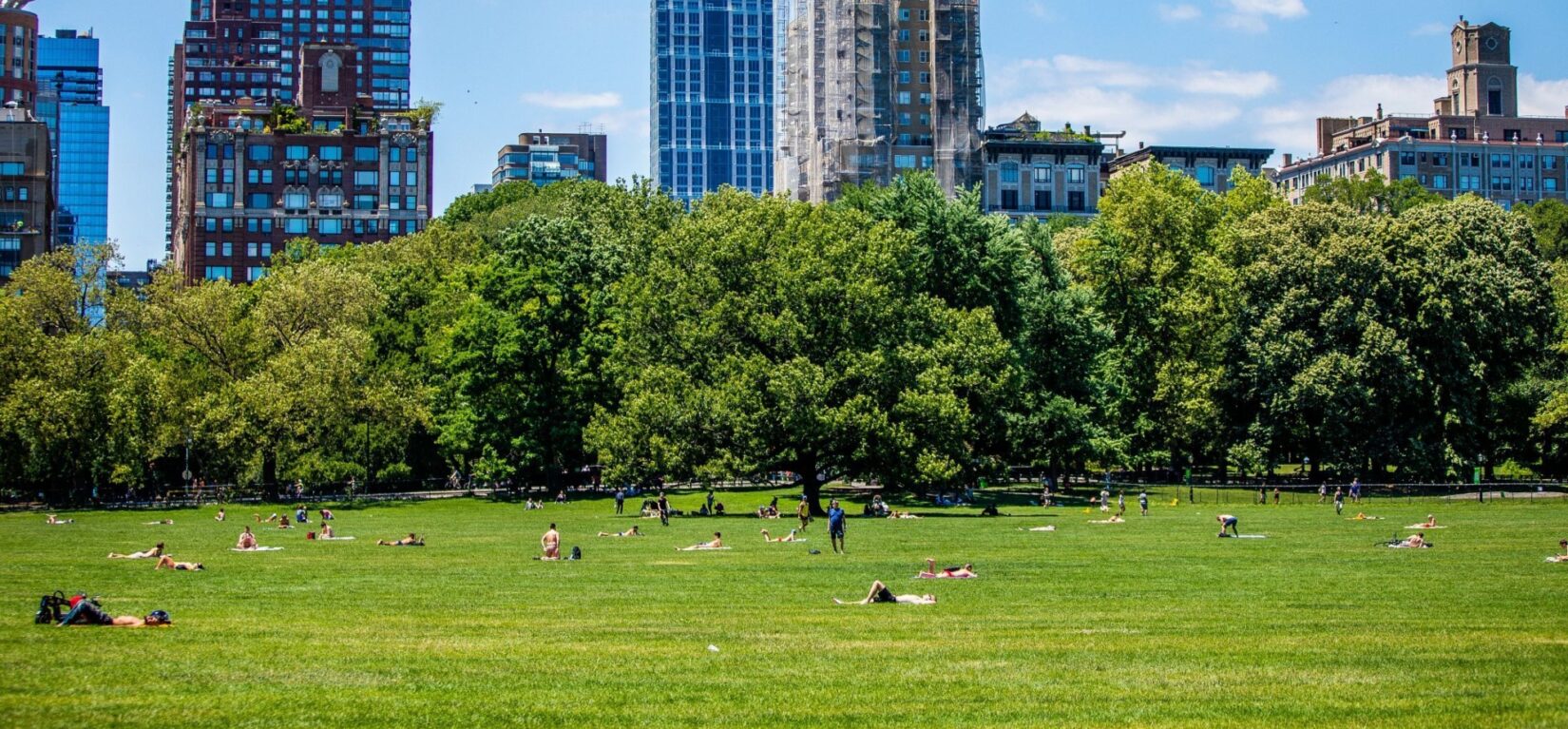 Visitors enjoying the sun dot the landscape of the Sheep Meadow.