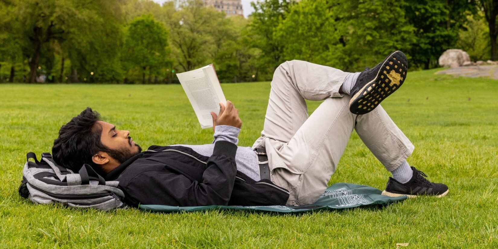 A bearded gentleman lying on his back and reading on the meadow