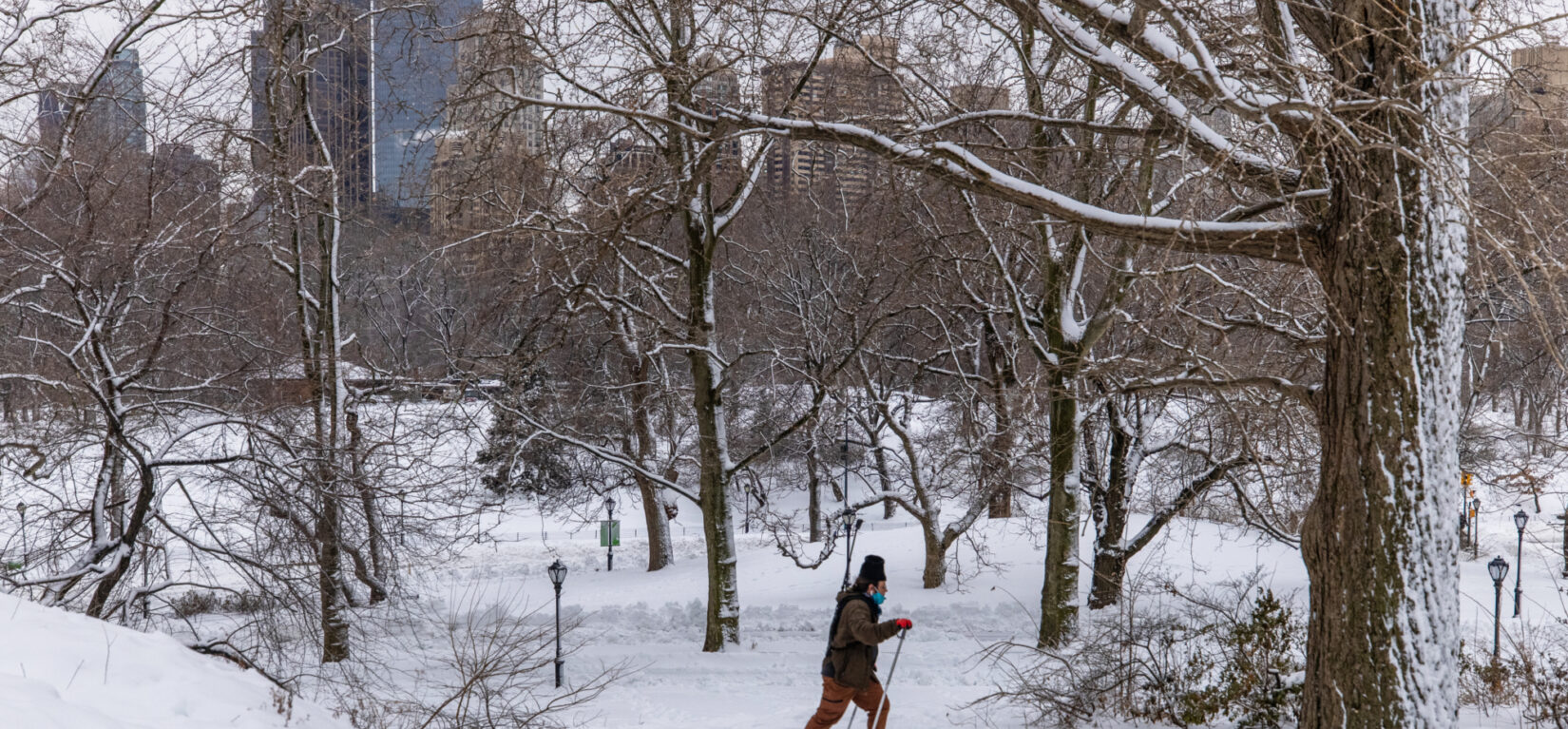 A person cross-country skis through a snowy landscape in Central Park.