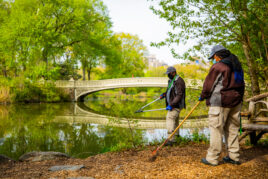 Two staff members tending to the embankment of the Lake with Bow Bridge in the background