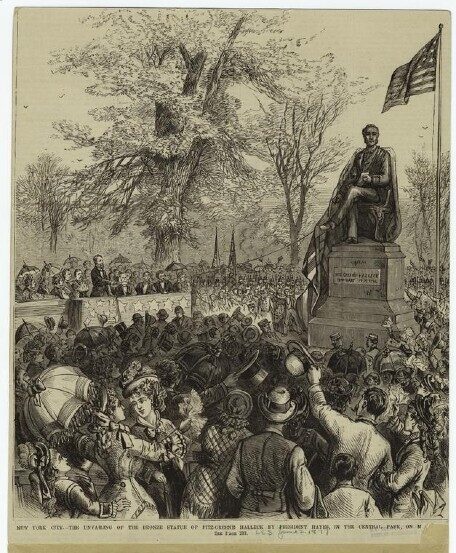 A contemporary engraving depicting the unveiling of the Halleck memorial.