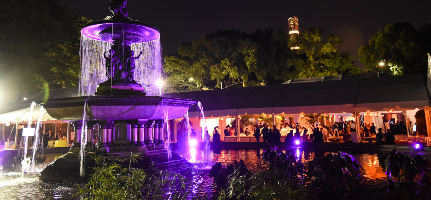 Bethesda Fountain, at night, lit for the occasion, with diners in a tent in the background