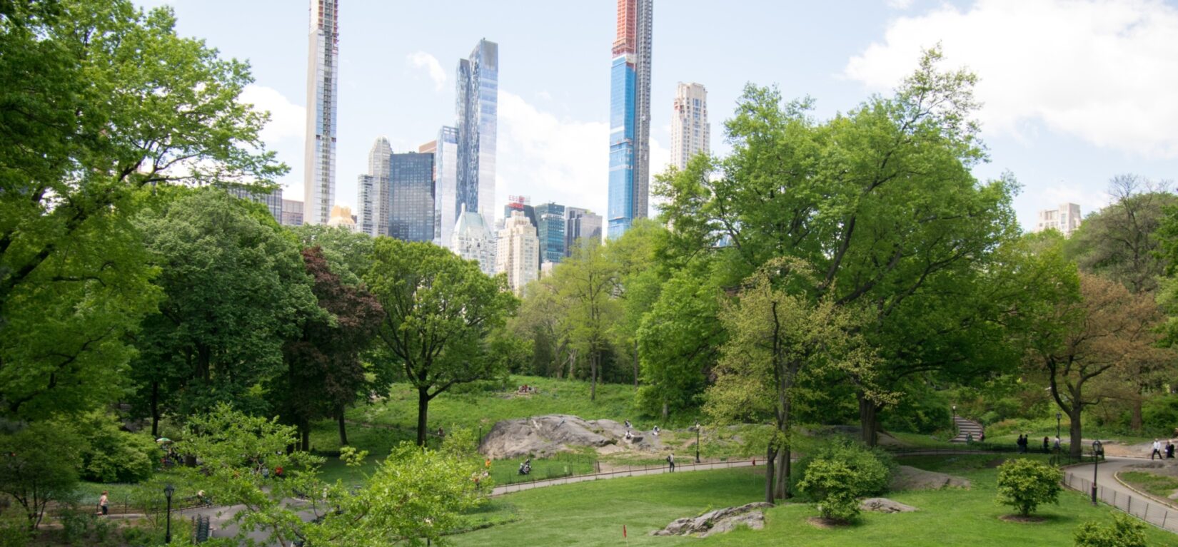 Paths crisscross the Dene, with the spires of 57th Street in the background