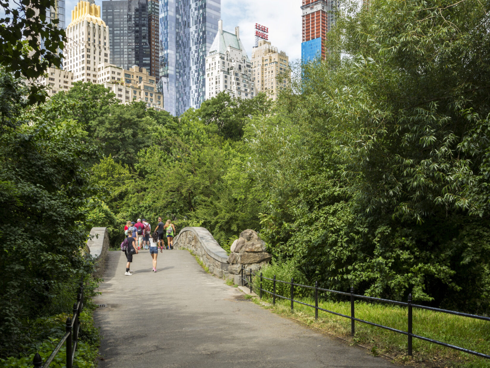 Park goes walk across a bridge that spans the Pond, with Fifth Avenue's buildings looming in the background