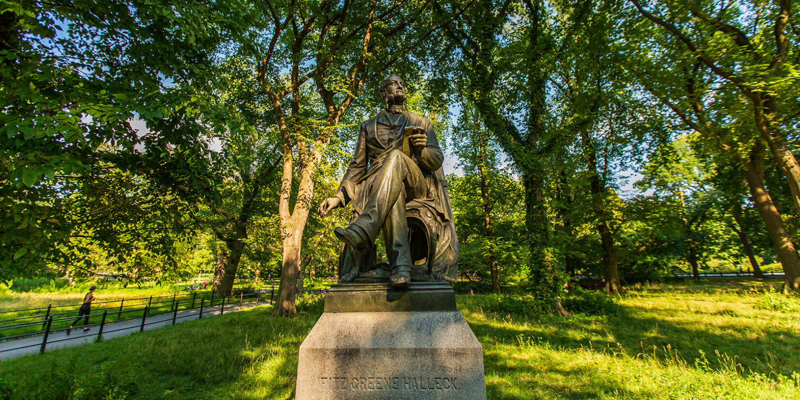 A wide-angle shot of the Fritz Green Halleck statue on the Mall