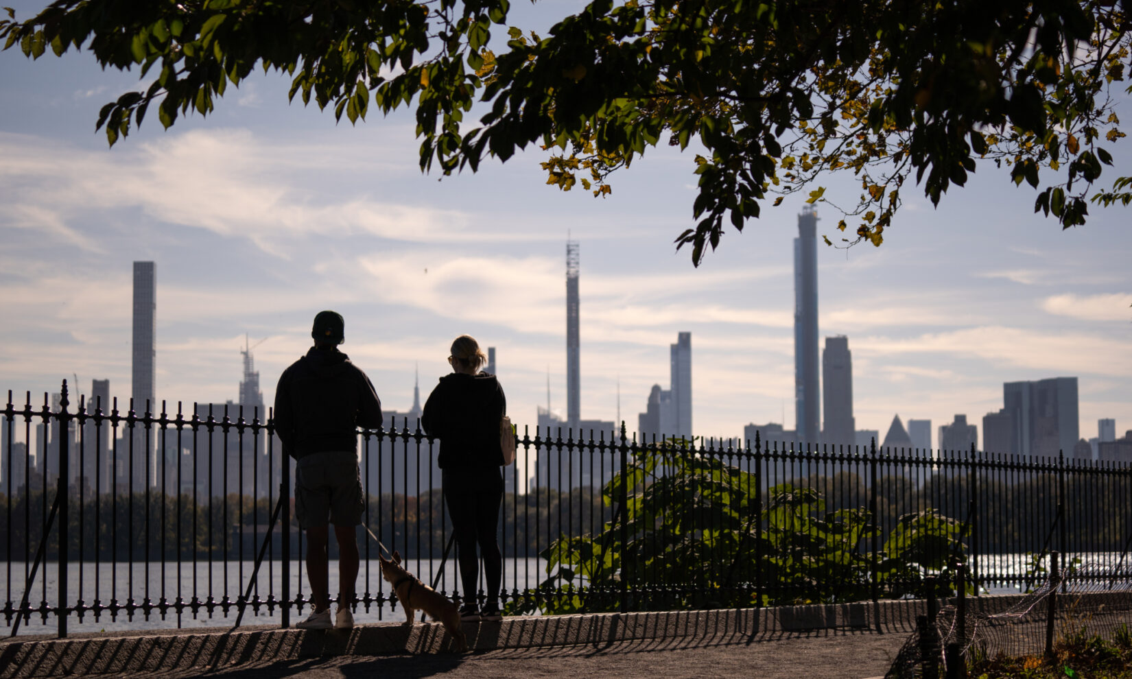 A couple, and their small dog, look South across the Reservoir to the skyline of midtown Manhattan in the distance.