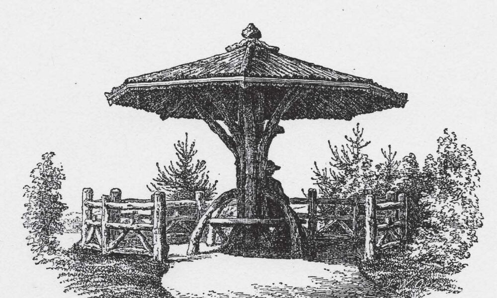 Historic rendering of a rustic structure in the Park