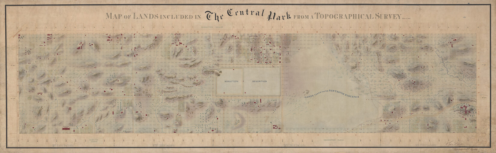 The map is an engraving from 1855 showing a topographical survey of the land of "The Central Park"