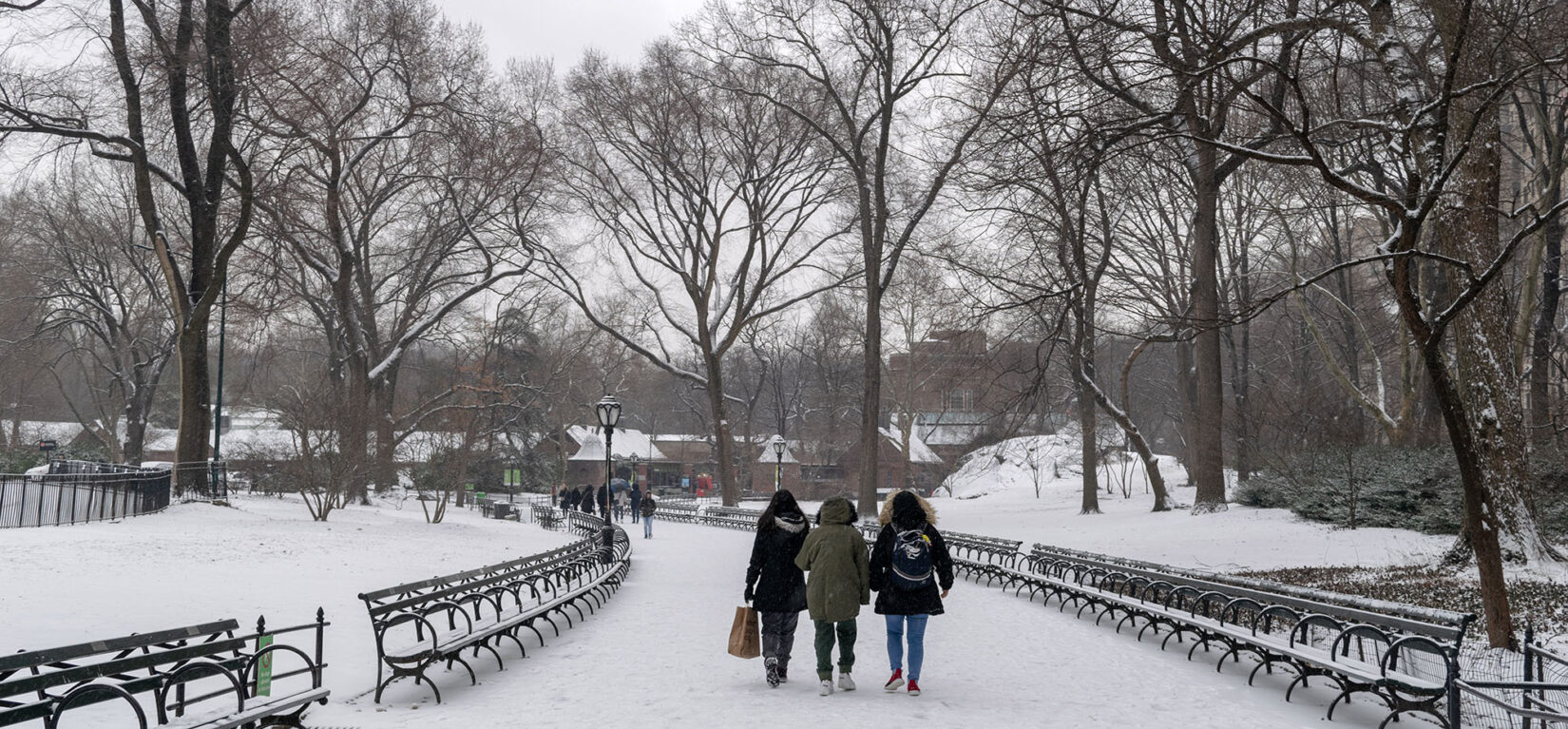 Three parkgoers bundled up for winter walk a snowcovered, bench-lined path in the Park